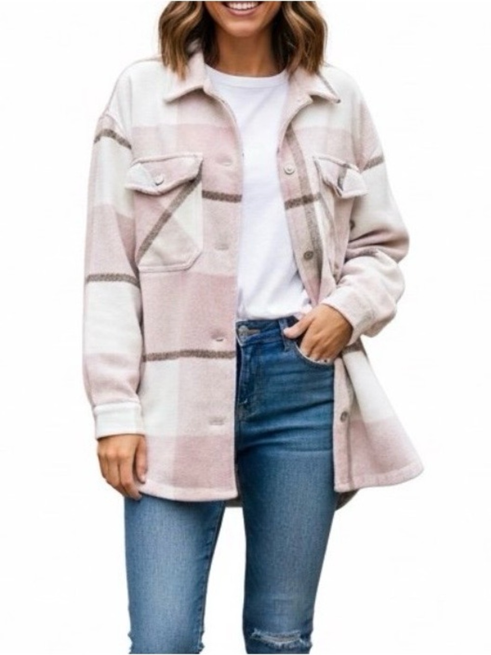 Pink Plaid Shirt Jacket Shacket Flannel Cozy White Brown Oversized M Buckle